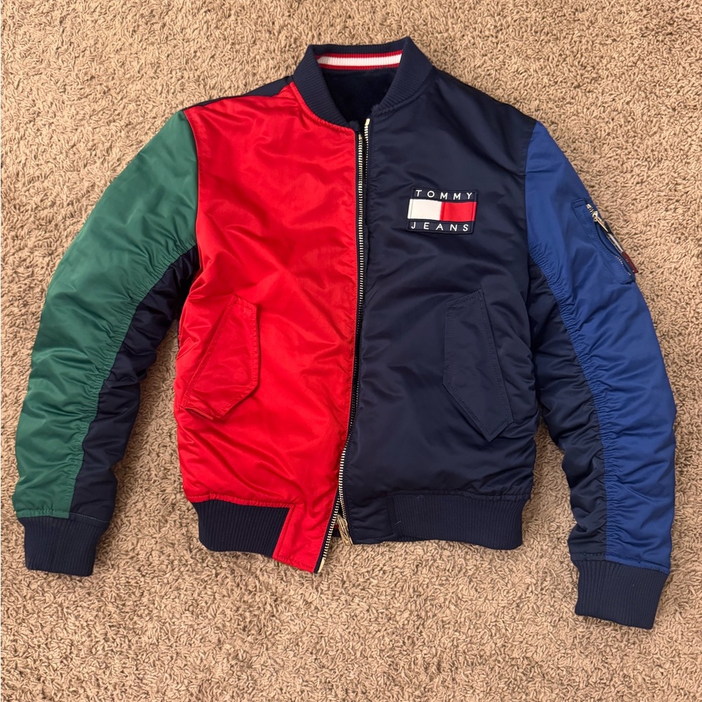 REVERSIBLE Tommy Hilfiger Colorblock Bomber Jacket - Red, Green, and Blue